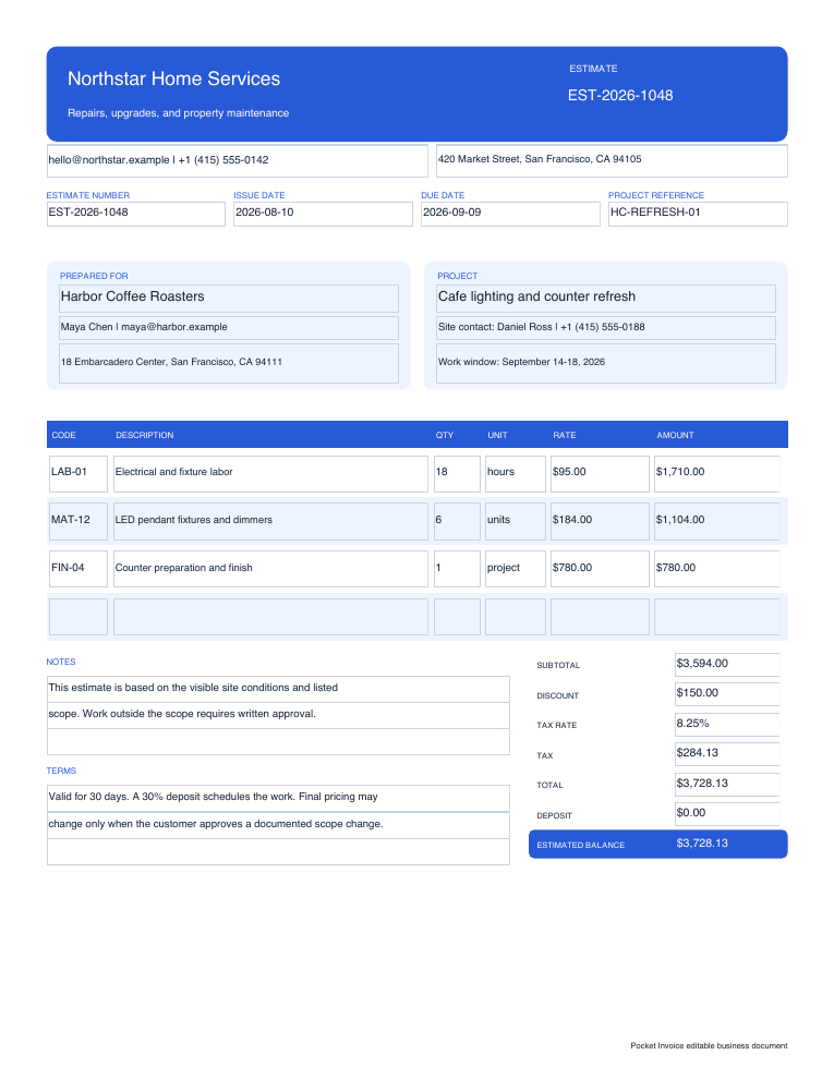 Estimación en inglés con cliente, cantidades, precios, total y saldo