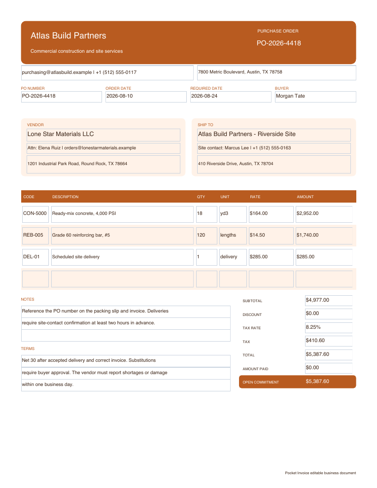 Purchase order example with buyer, supplier, ordered products, prices and delivery details
