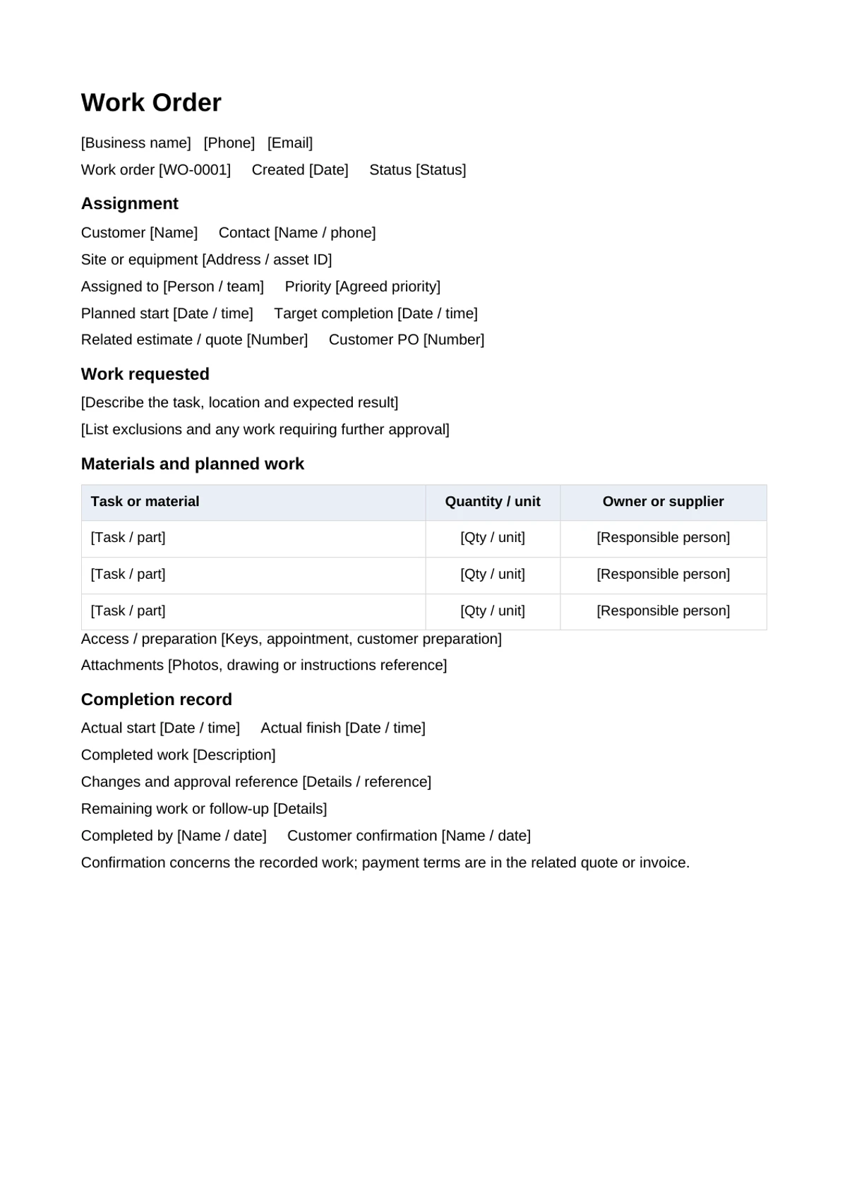 Work order template with assignment, task and materials table, access notes and completion record