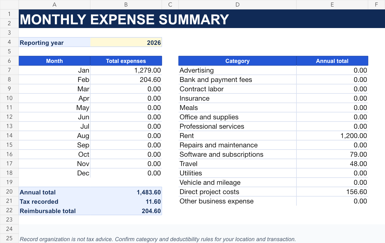 Business expense tracker monthly summary preview