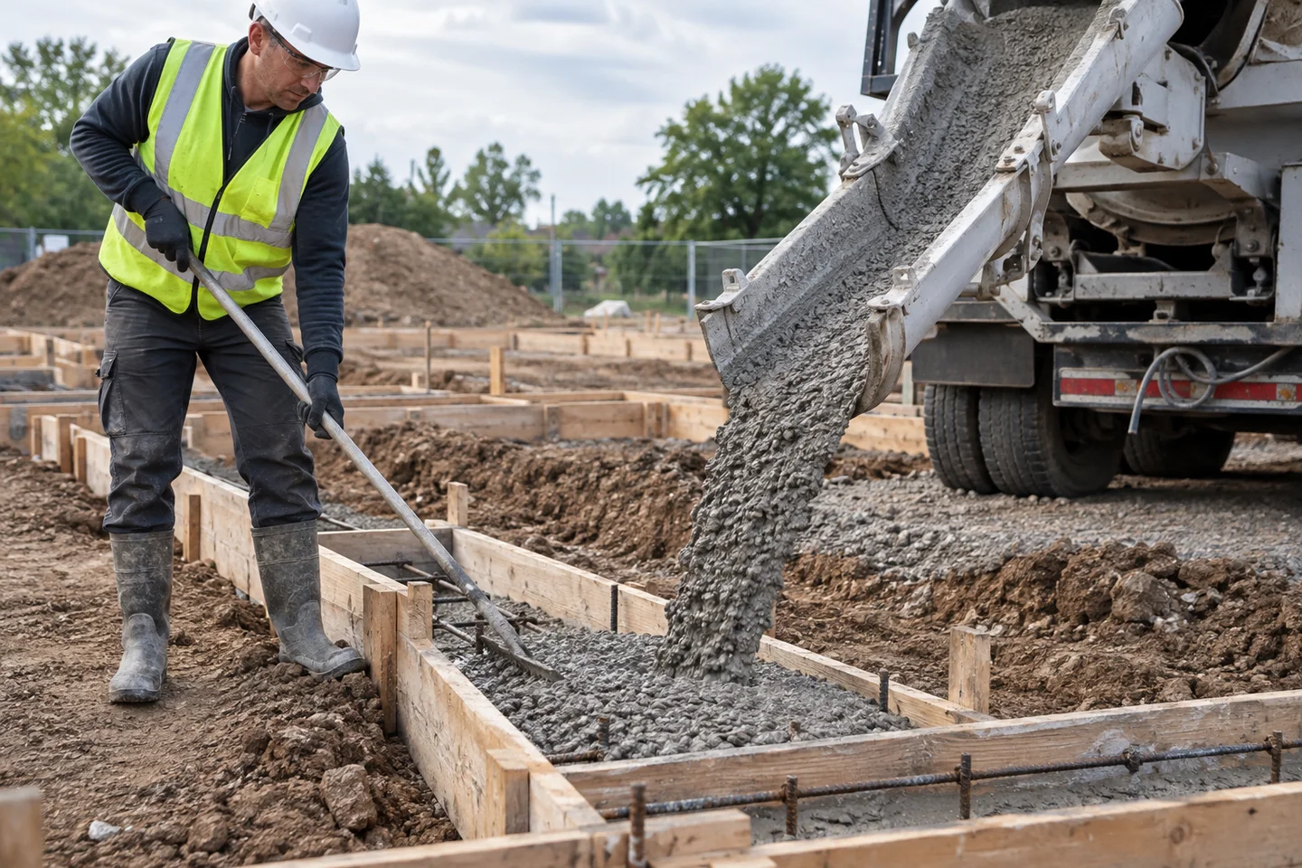 Concrete being placed from a chute into a foundation form