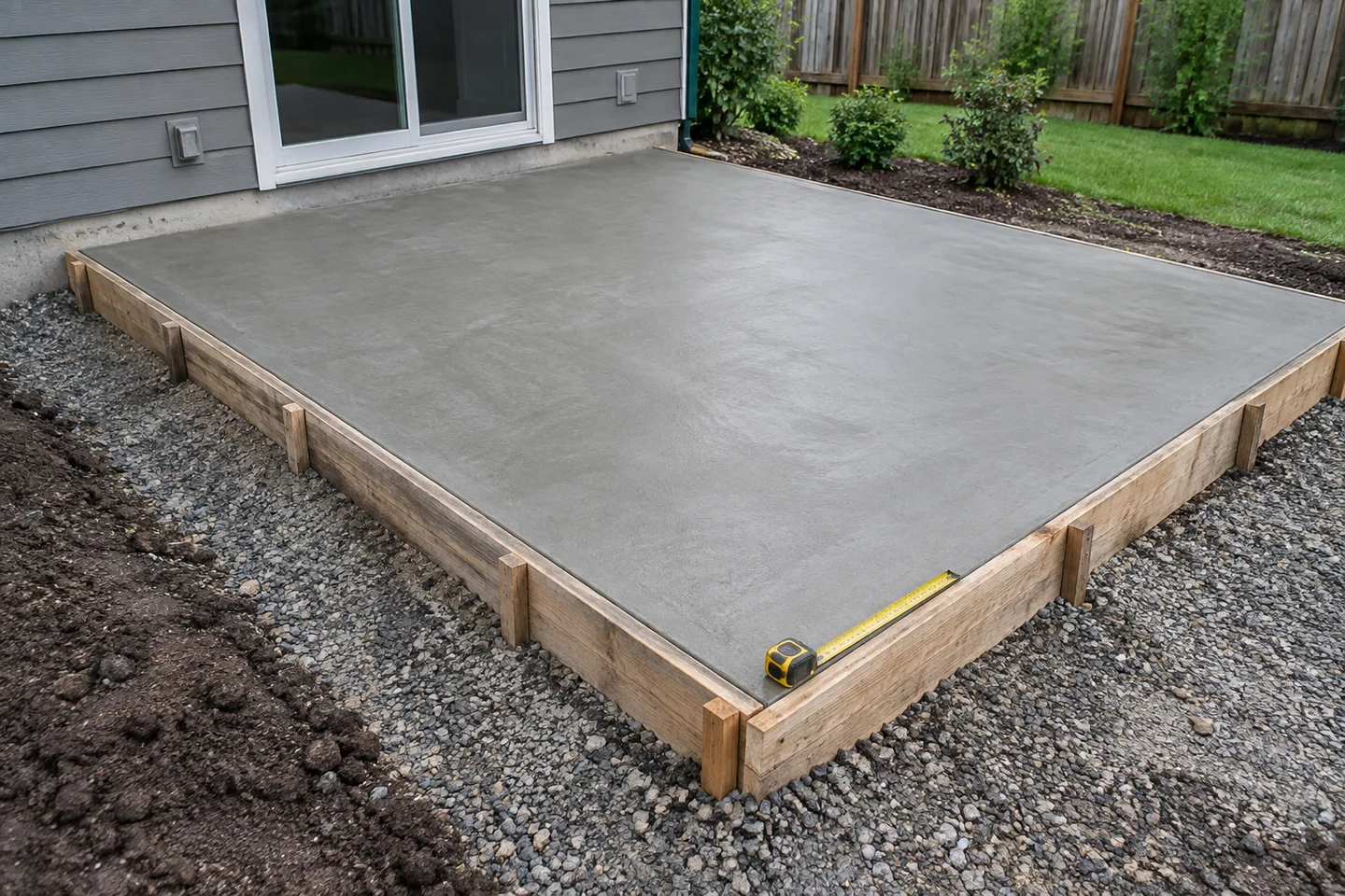 Rectangular concrete slab within timber edge forms