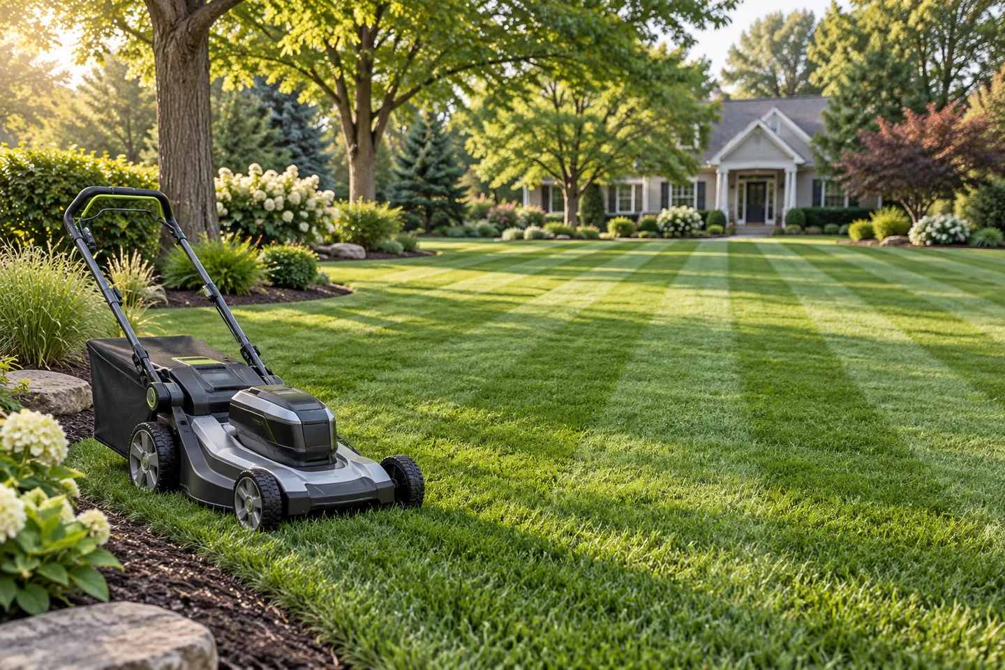 A maintained residential lawn with a professional mower
