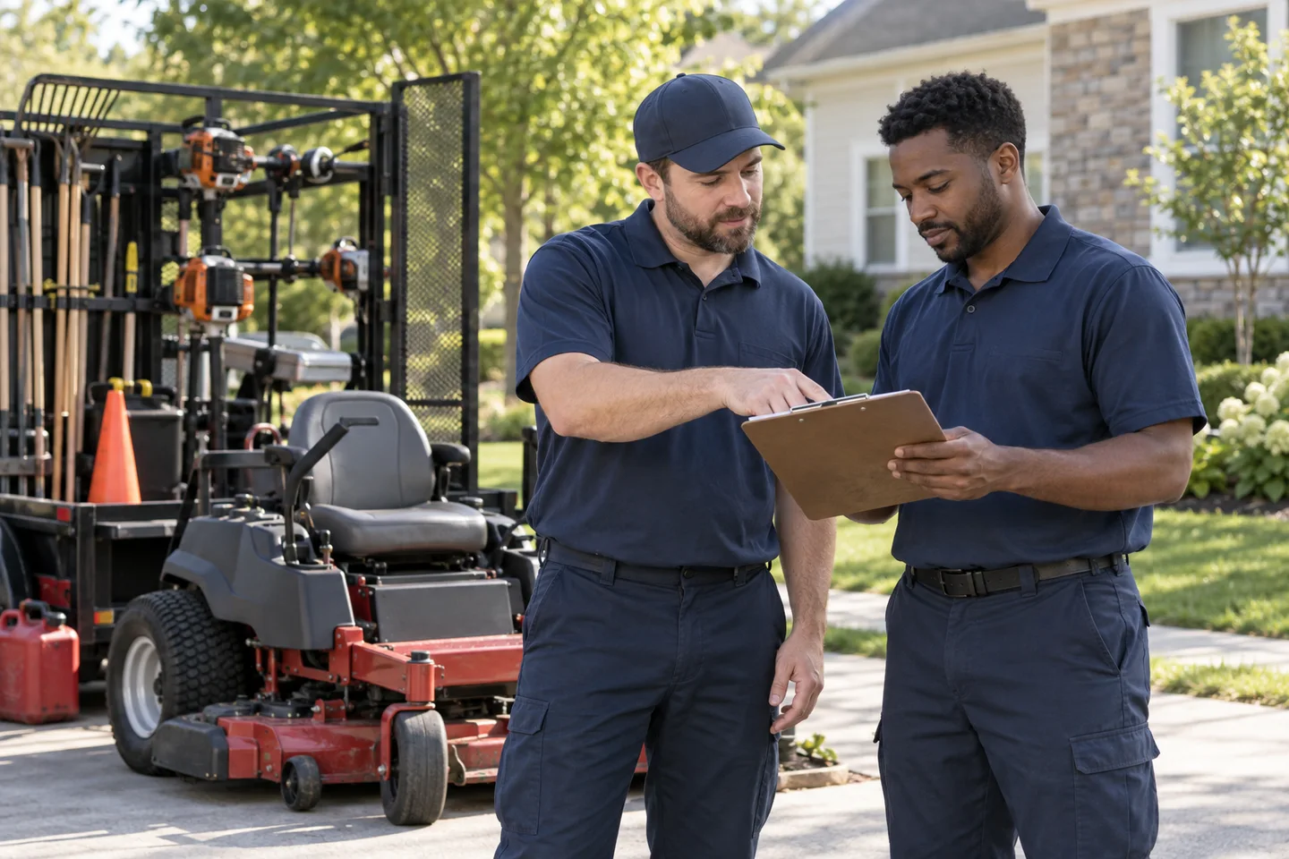 Lawn care professionals planning a route beside maintained equipment