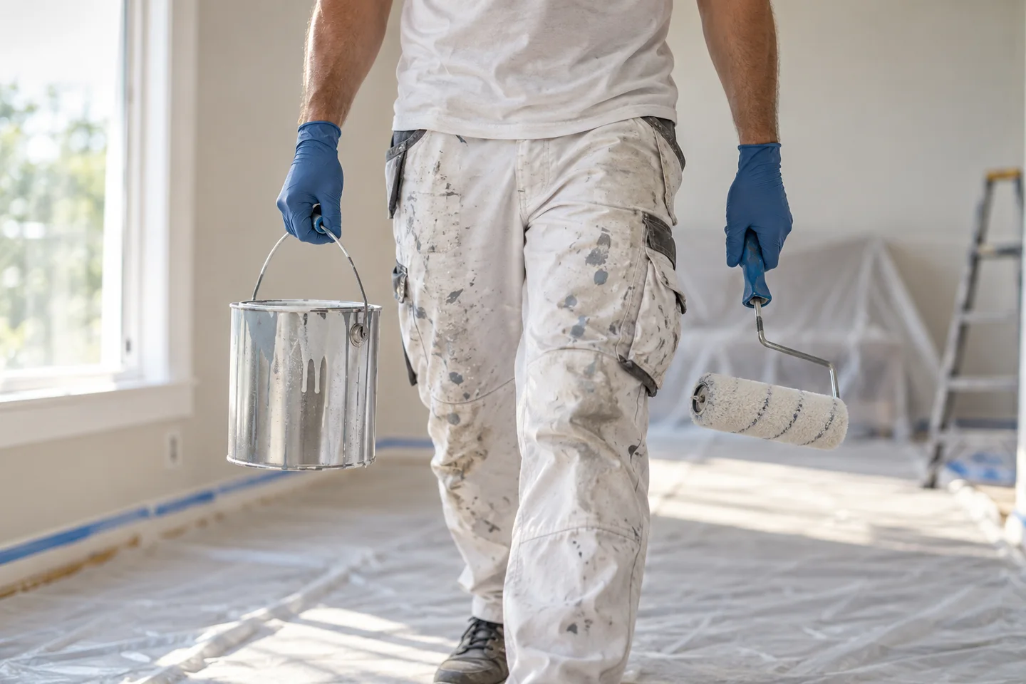 Pintor con rodillo y cubo en una habitación preparada