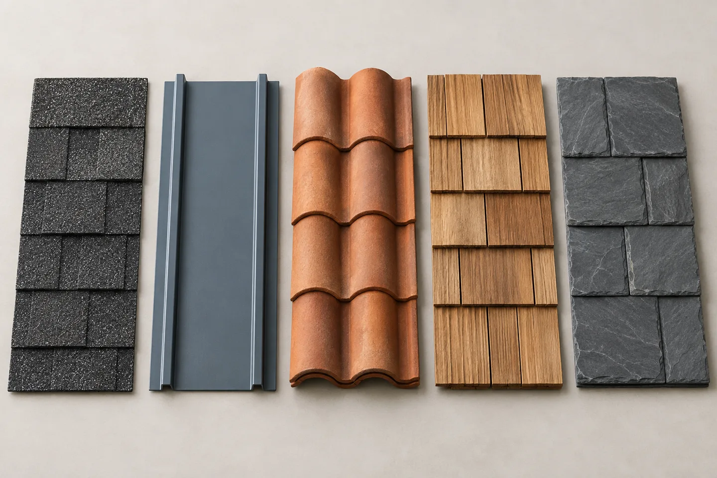 Samples of asphalt shingles, standing-seam metal, clay tile, cedar and natural slate