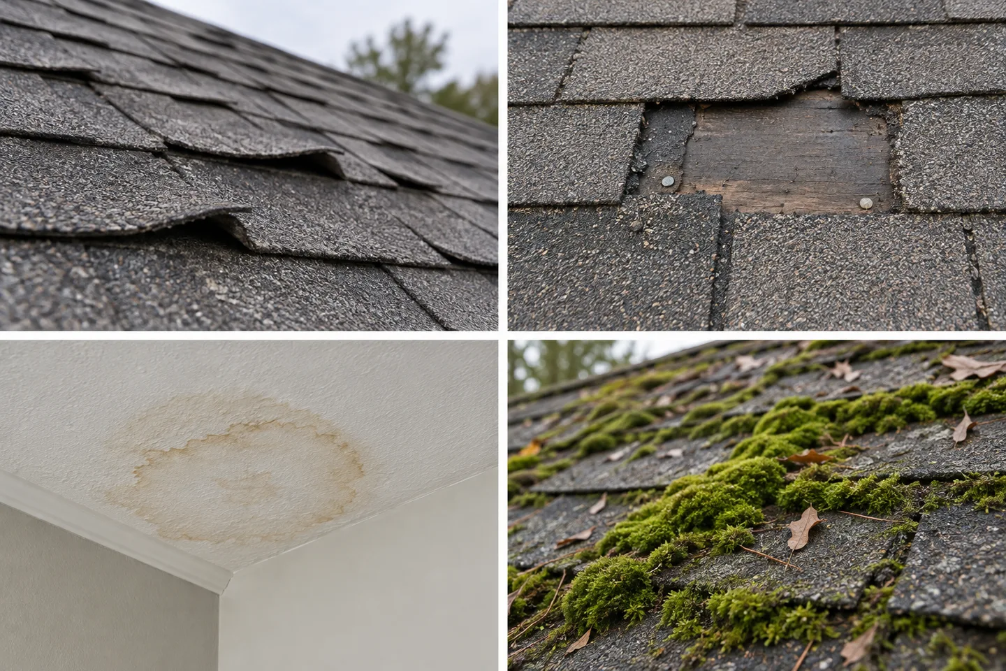 Illustrations of lifted shingles, a missing shingle, ceiling staining and moss on roofing