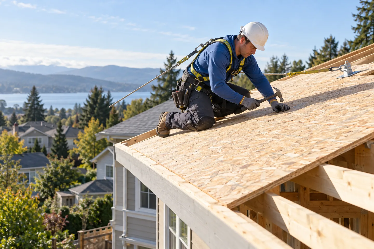 A roofer fitting sheathing on a sloped residential roof