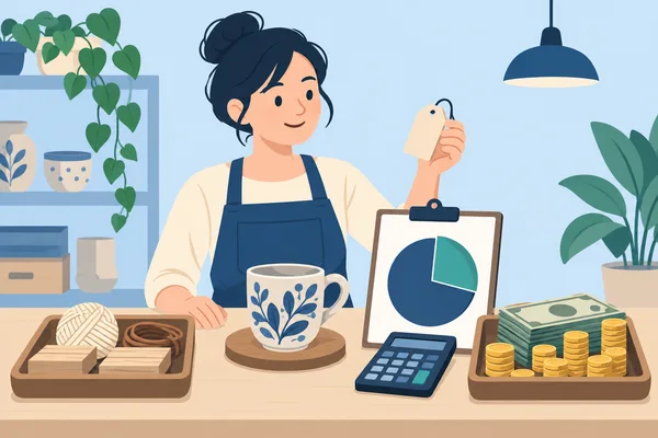 店主对比商品销售收入与成本，饼图标出利润占比