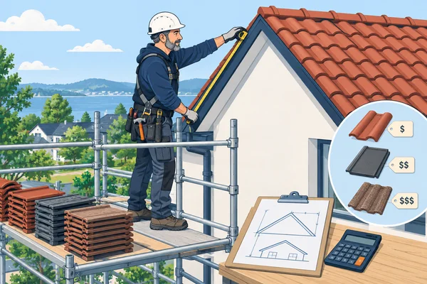 屋顶工人测量坡屋面并核对瓦片材料与人工费用