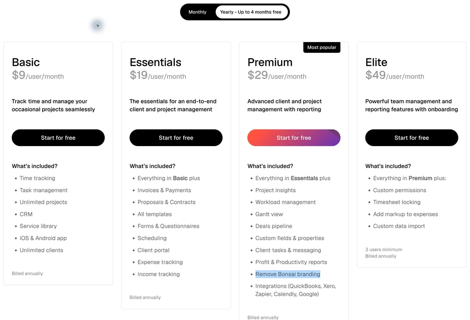 Bonsai muestra facturación desde Essentials, eliminación de marca desde Premium y precios por usuario