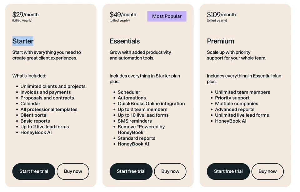 HoneyBook annual pricing and plan availability for team members, branding removal and multiple companies
