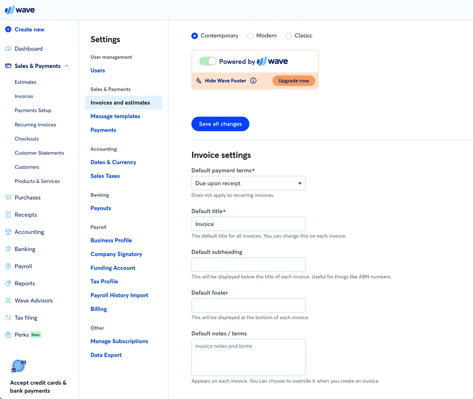 Pengaturan Powered by Wave pada footer menampilkan Hide Wave Footer dan Upgrade now