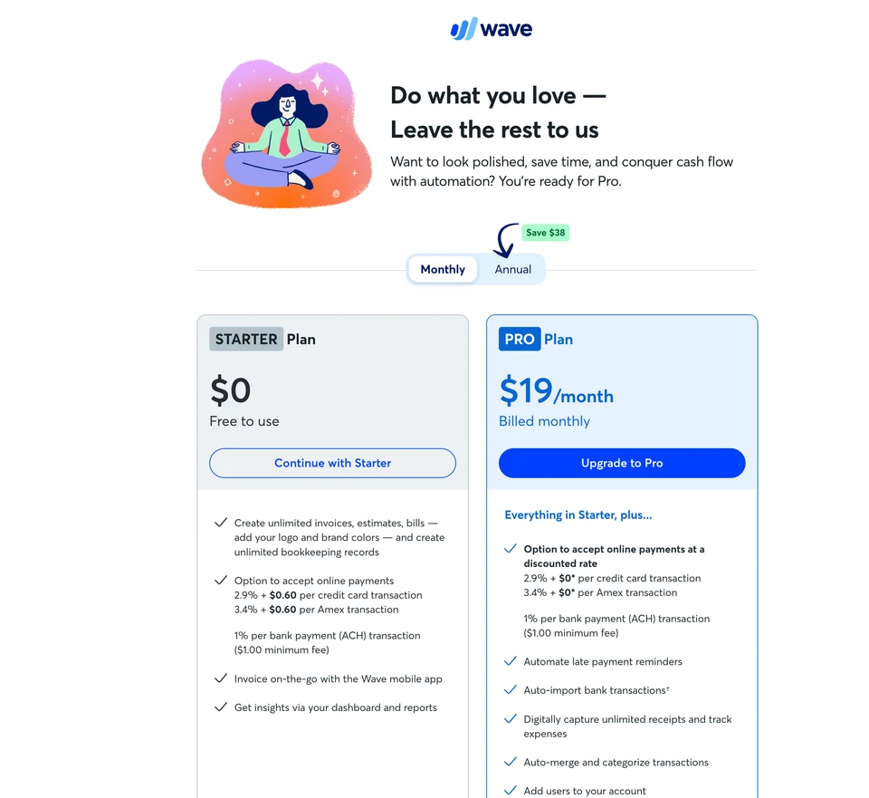 Halaman paket Wave menunjukkan Starter USD 0 dan Pro USD 19 per bulan dengan tagihan bulanan