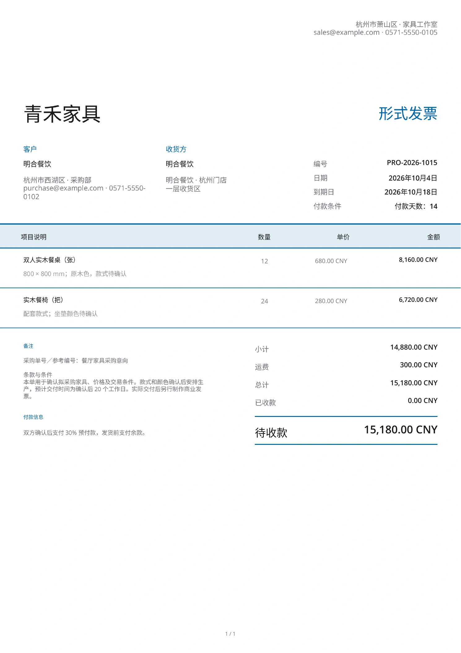 中文形式发票示例,列出拟采购家具、价格、预付款和交付条件