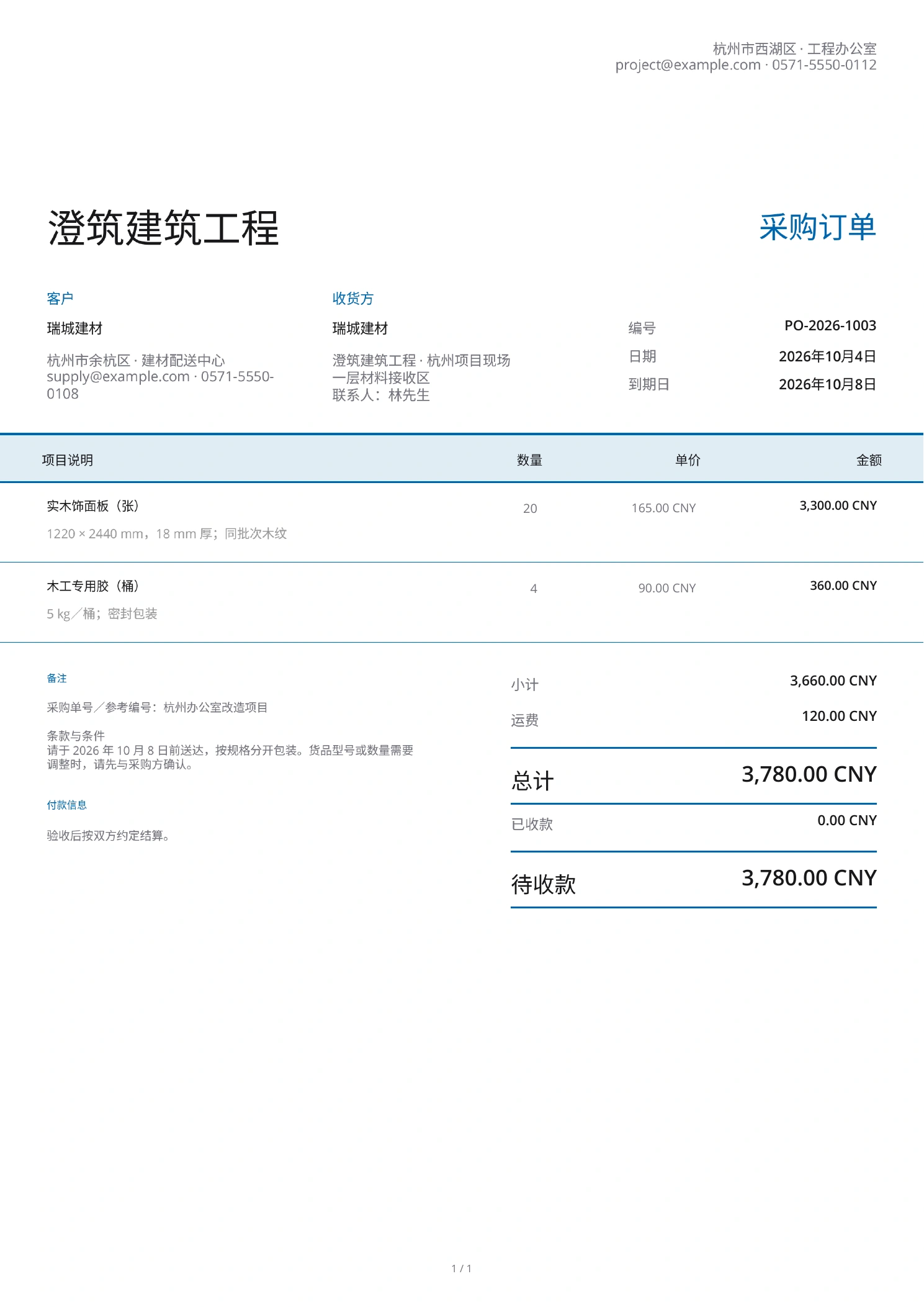 中文采购订单示例，列出板材规格、订购数量、单价和交付要求