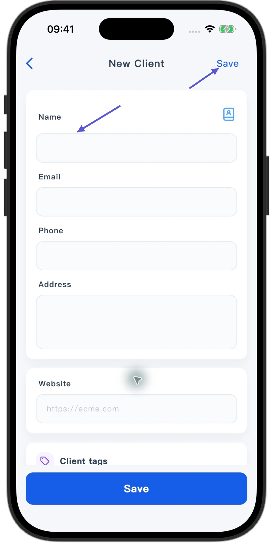 Skrin penuh New Client dalam Pocket Invoice App; anak panah menunjukkan medan nama dan Save di penjuru kanan atas