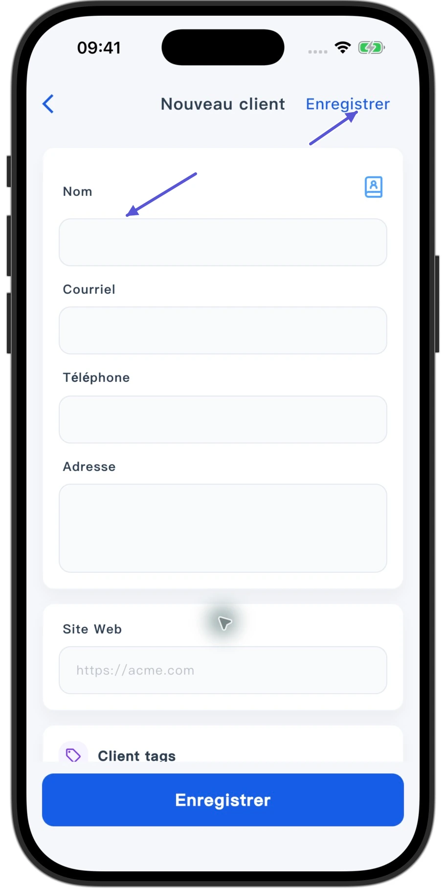 Pocket Invoice App : écran complet de création de client, flèches vers le nom et Enregistrer