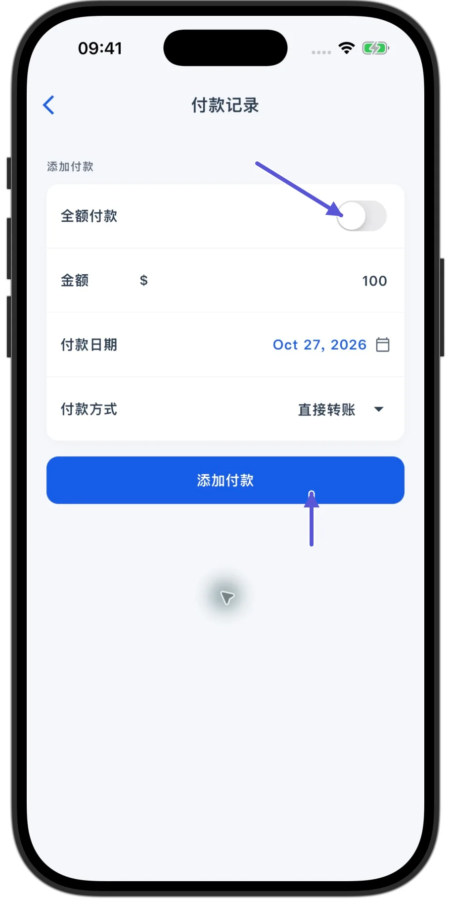 Skrin penuh bayaran Pocket Invoice App, dengan bayaran penuh dimatikan dan 100 dimasukkan tetapi rekod bayarannya belum disimpan; anak panah menunjuk ke suis bayaran penuh dan butang tambah bayaran