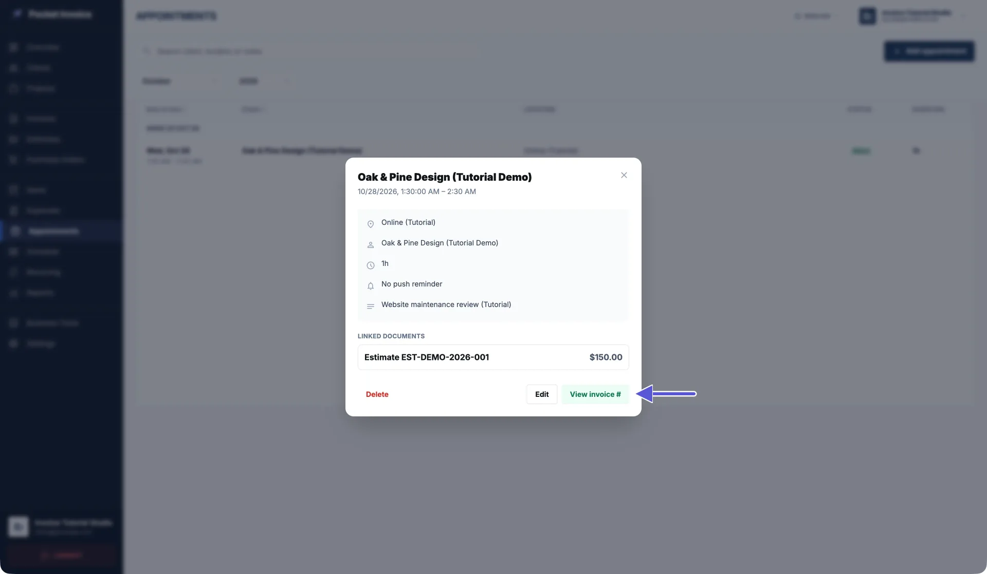 Paparan penuh butiran janji temu berstatus Billed dalam Pocket Invoice Web, dengan sebut harga asal masih dipautkan dan anak panah menunjukkan View invoice untuk melihat invois yang telah dibuat