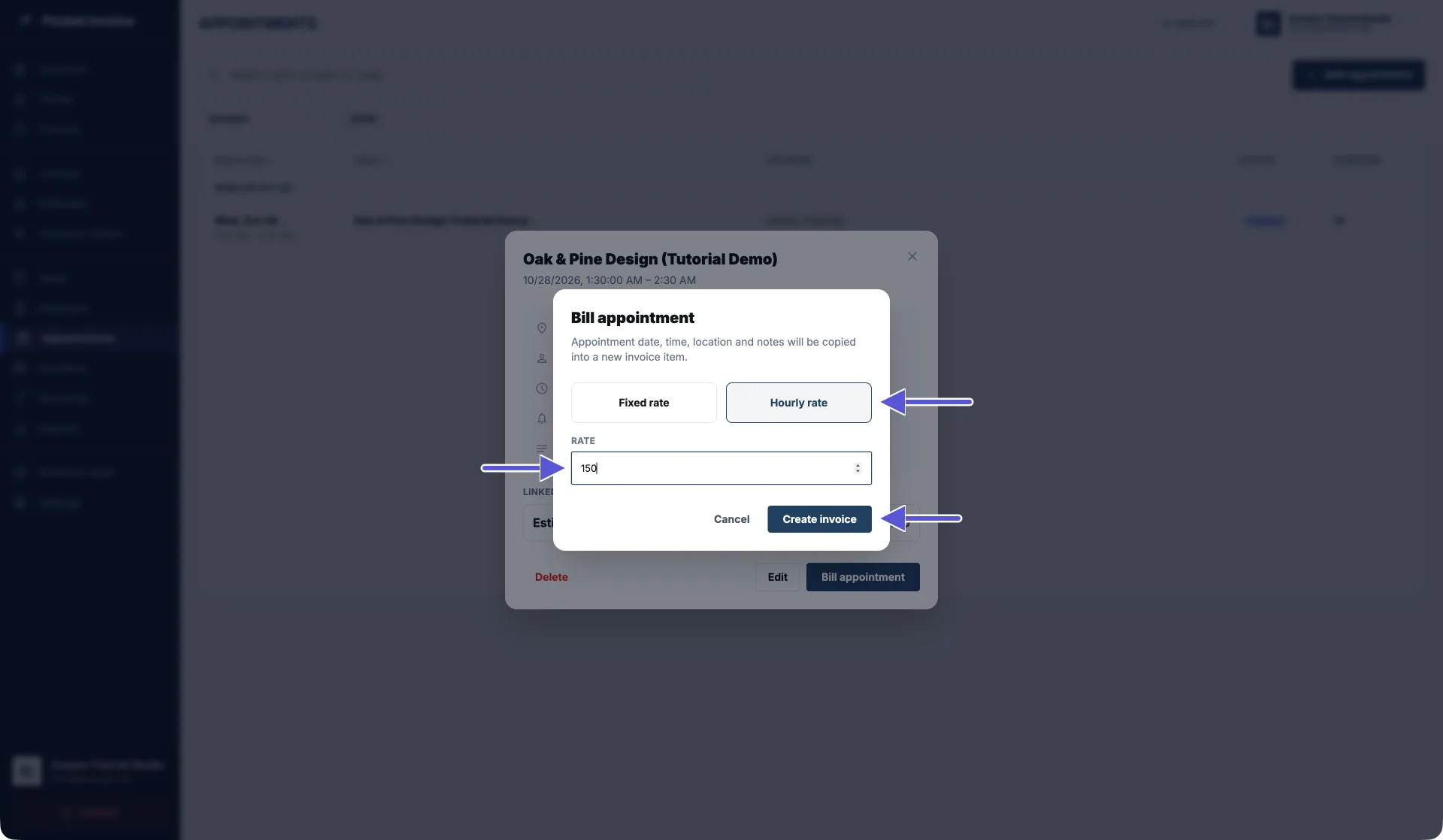 Paparan penuh skrin pengebilan janji temu Pocket Invoice Web, dengan Fixed rate dan Hourly rate kelihatan, serta anak panah menunjukkan Hourly rate yang dipilih, Rate sebanyak 150 dan Create invoice
