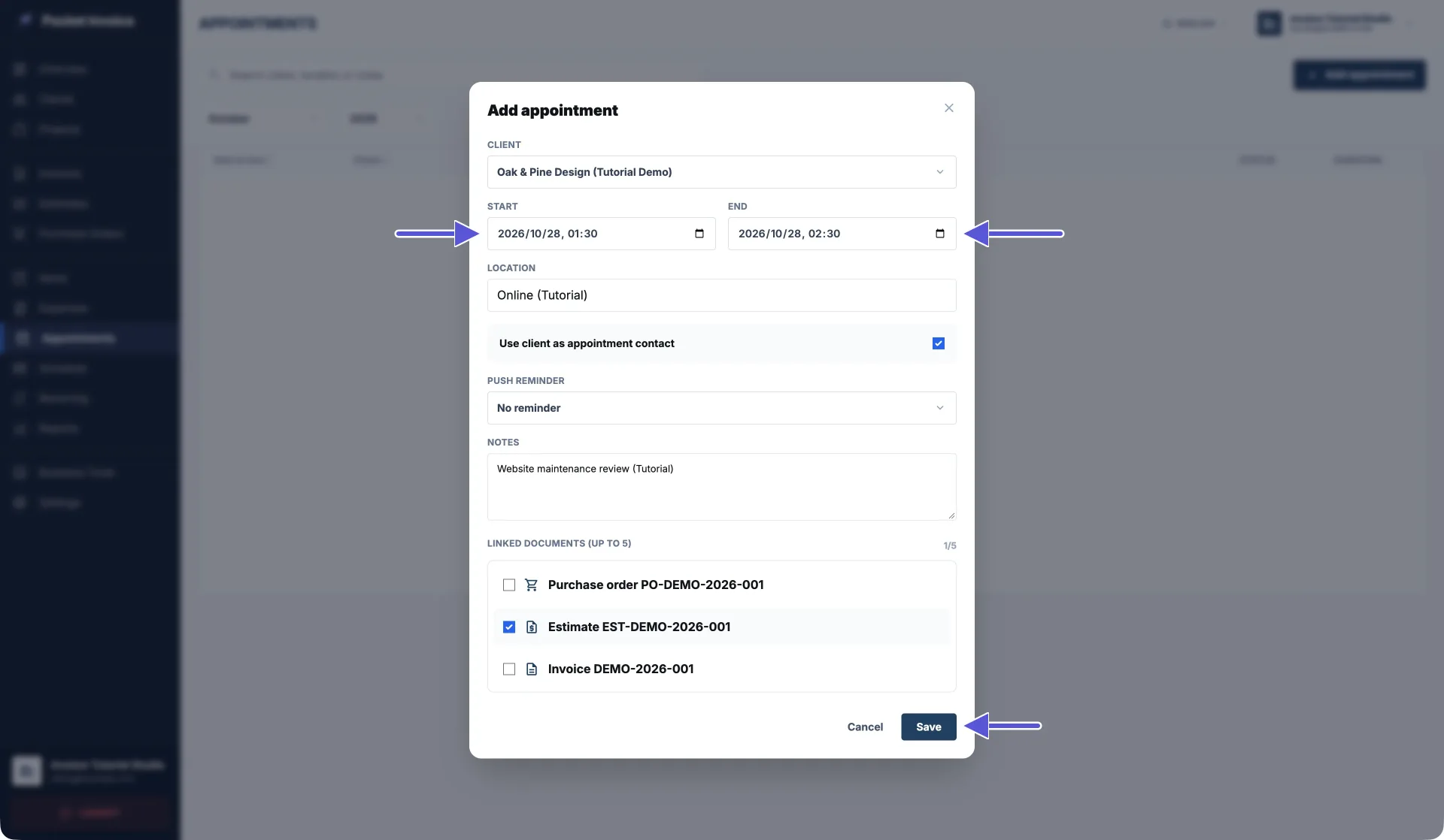 Paparan penuh skrin penambahan janji temu Pocket Invoice Web, dengan pelanggan, lokasi, kenalan, peringatan, nota dan sebut harga yang dipautkan kelihatan, serta anak panah menunjukkan Start, End dan Save