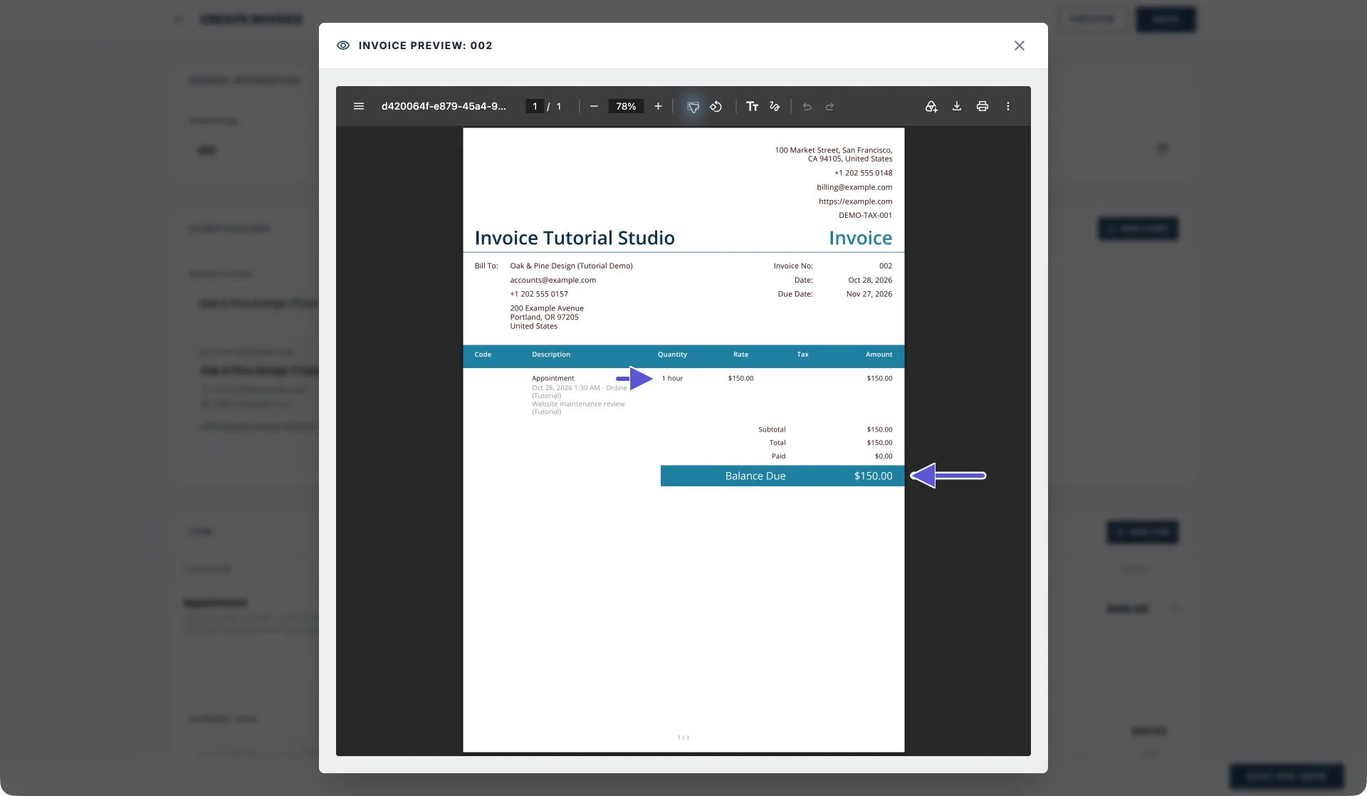 PDF lengkap satu halaman bagi invois janji temu 002 Pocket Invoice, yang memaparkan syarikat, pelanggan, tarikh, penerangan janji temu dan amaun: 1 hour × 150, amaun keseluruhan 150, dibayar 0 dan baki belum dibayar 150; anak panah menunjukkan kuantiti dan Balance Due