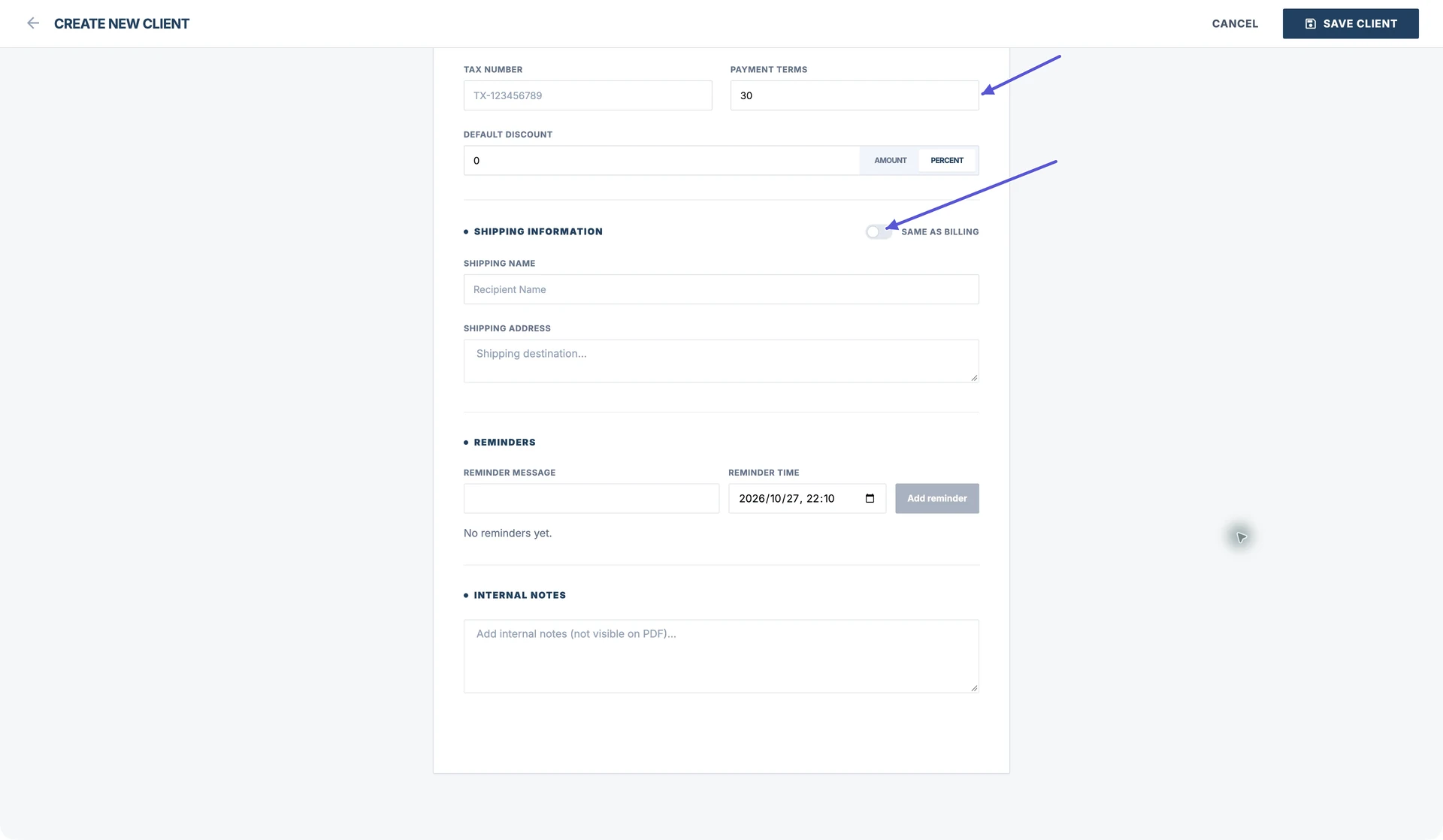 Paparan penuh bahagian bawah borang pelanggan Pocket Invoice Web; anak panah menunjukkan Payment Terms dan Same as Billing