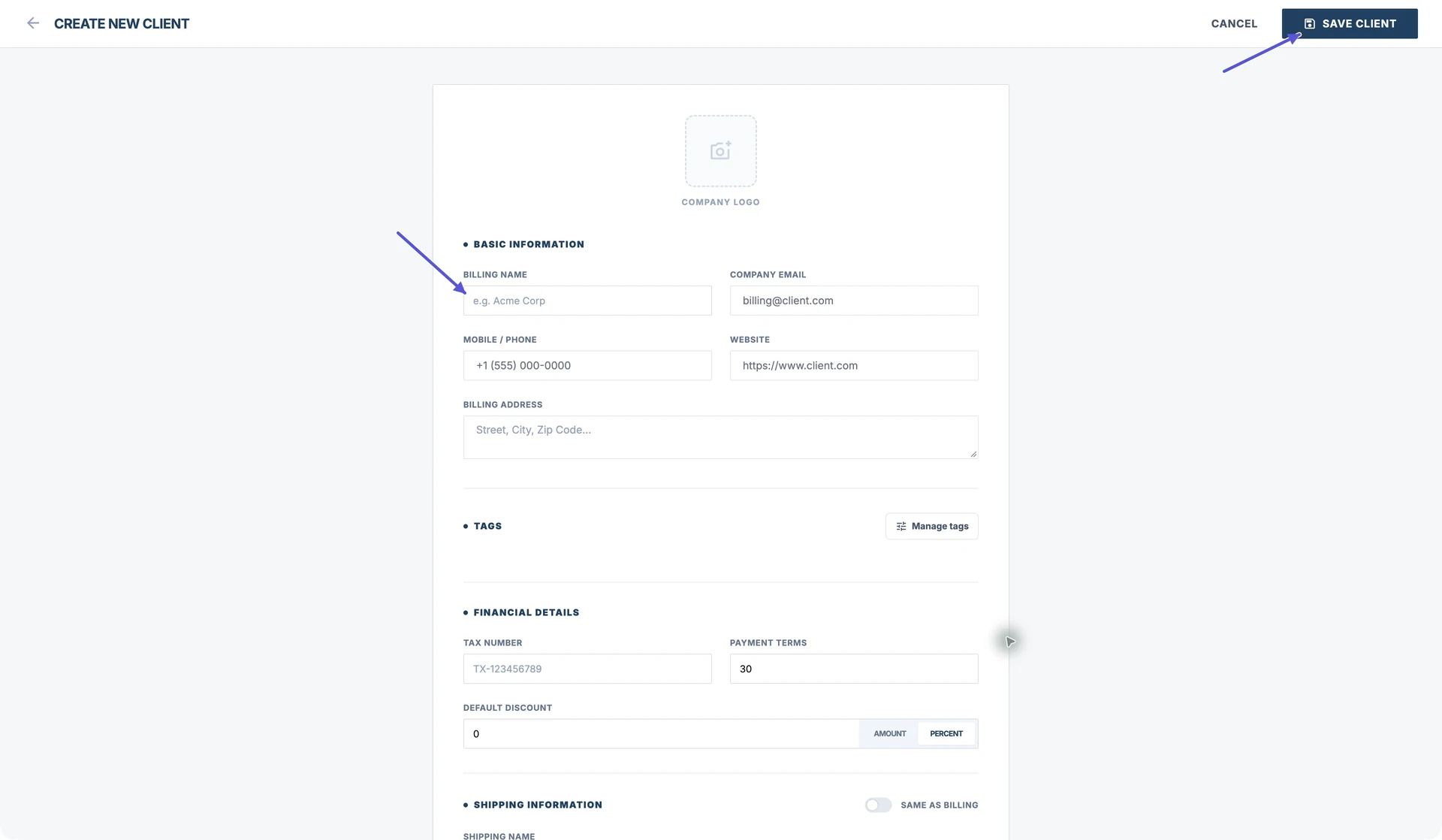 Paparan penuh New Client dalam Pocket Invoice Web; anak panah menunjukkan Billing Name dan Save Client