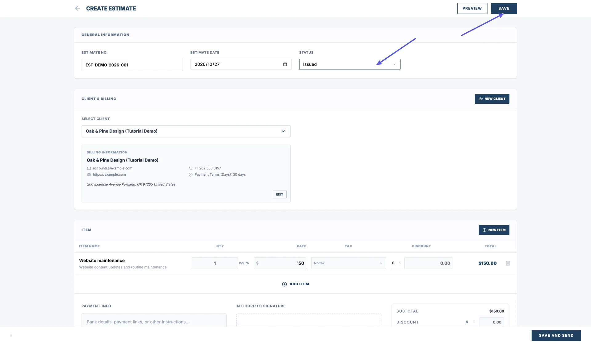 Vista completa de creación de un presupuesto en Pocket Invoice Web; las flechas señalan Status y Save en la esquina superior derecha