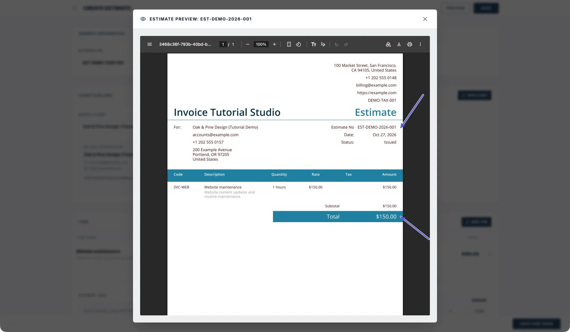 Vista completa del presupuesto PDF en Pocket Invoice Web, con los datos de la empresa y del cliente, los servicios y un total de 150; las flechas señalan el número del presupuesto y Total