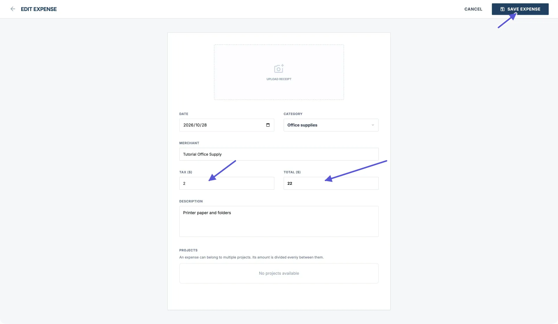 Paparan penuh penyunting perbelanjaan tersimpan Pocket Invoice Web, dengan tarikh, kategori, peniaga, penerangan, resit dan projek kelihatan; anak panah menunjuk ke Tax 2, Total 22 dan Save Expense