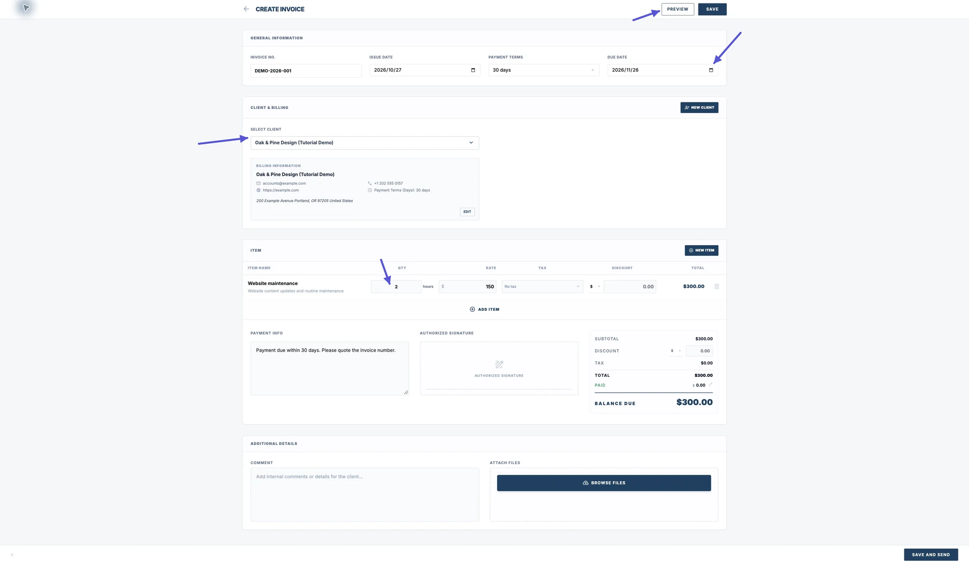 Paparan penuh borang invois Pocket Invoice Web; anak panah menunjuk ke tarikh akhir bayaran, pelanggan, kuantiti baris item dan PREVIEW