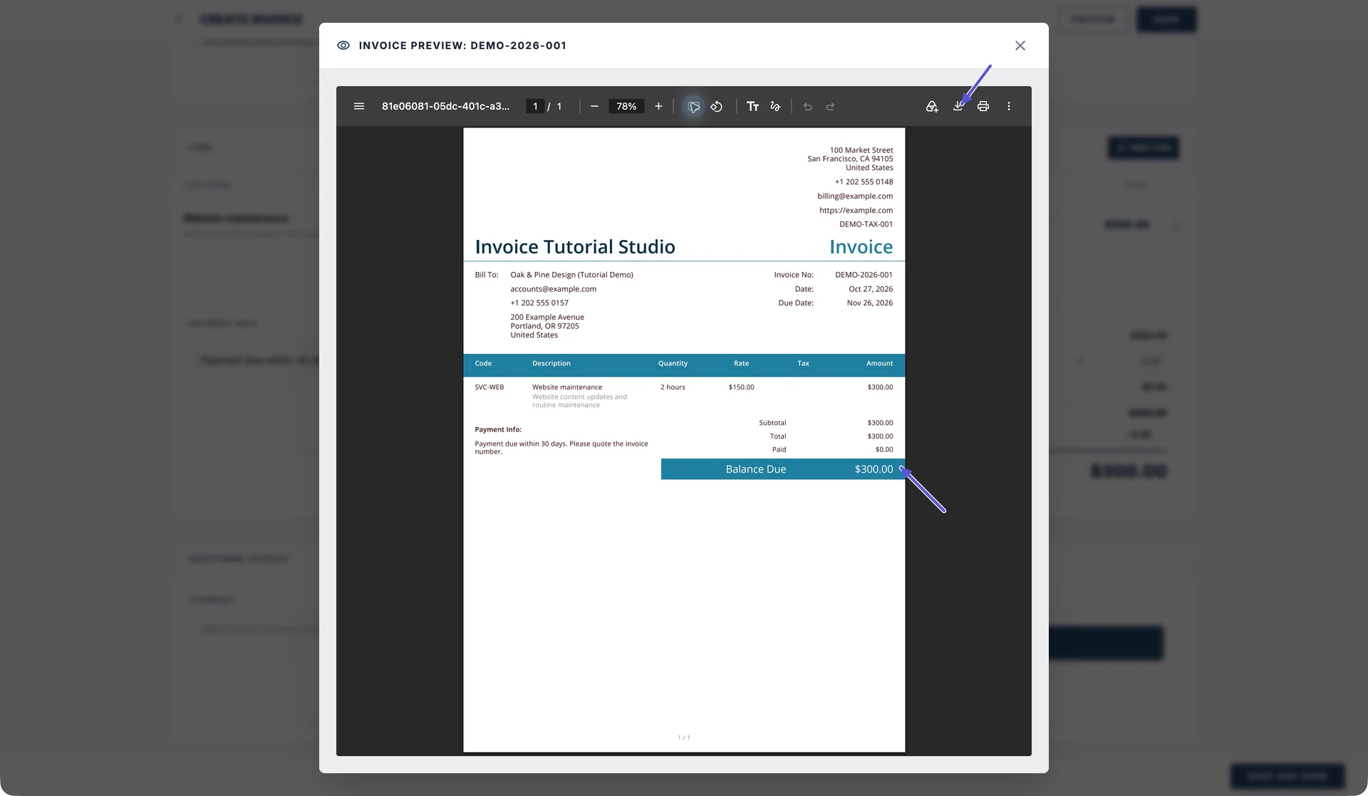 Pratonton PDF penuh Pocket Invoice, dengan maklumat kedua-dua pihak, dua jam perkhidmatan pada harga 150 sejam dengan jumlah USD 300, amaun dibayar 0 dan baki 300; anak panah menunjuk ke muat turun dan baki belum dibayar