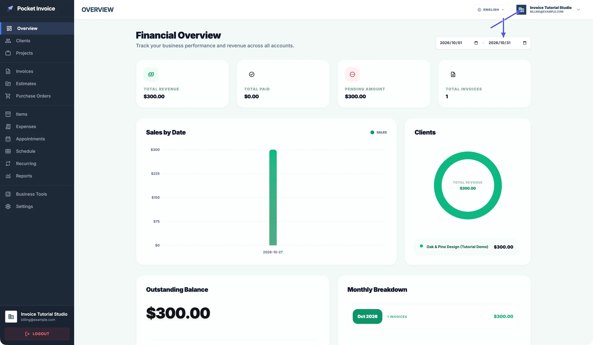 Vista completa de la pantalla Overview de Pocket Invoice en la Web, con flechas que señalan el selector de empresa y el intervalo de fechas