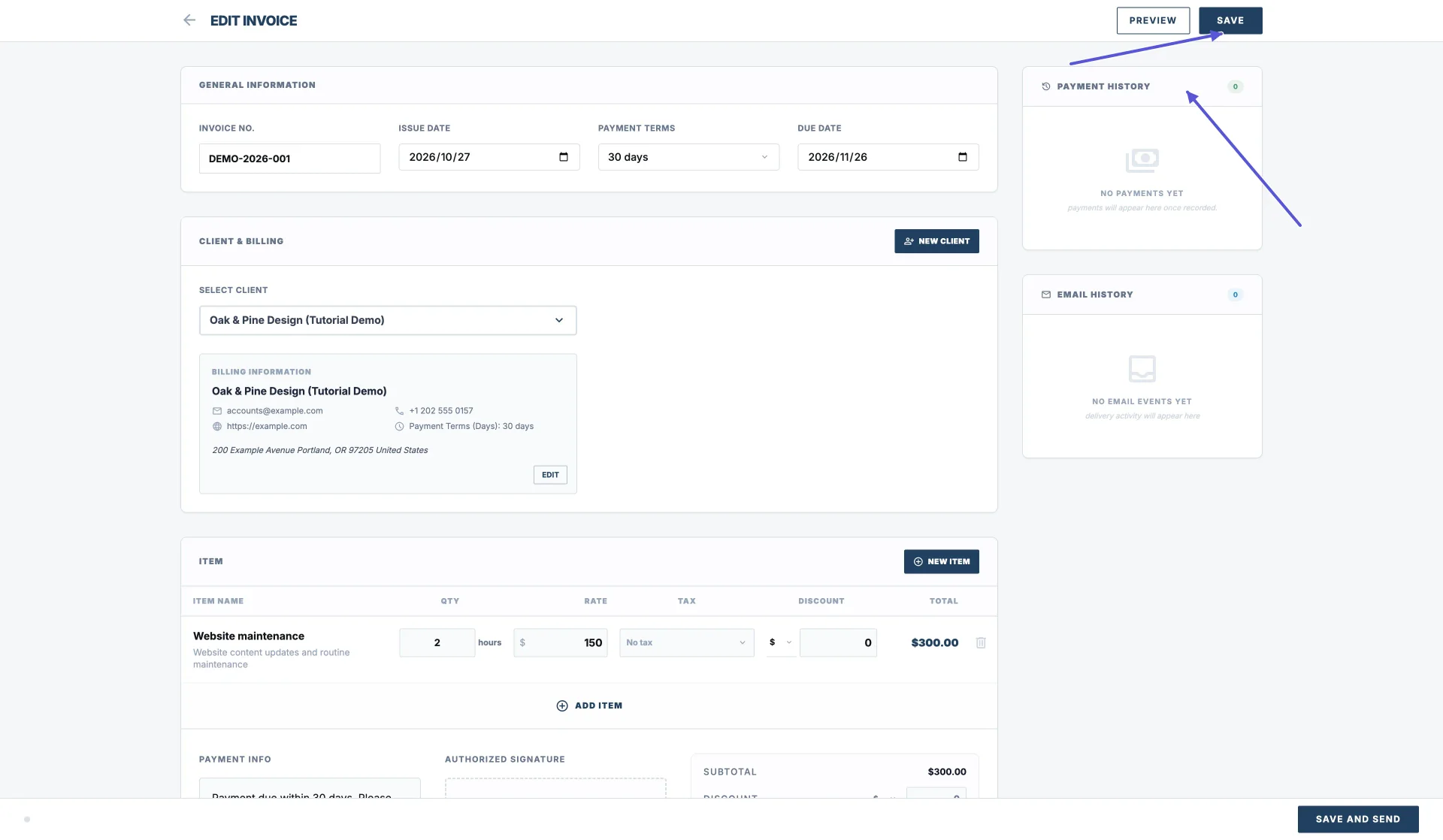 Paparan penuh penyunting invois Pocket Invoice Web; anak panah menunjuk ke Save di penjuru kanan atas dan Payment History di sebelah kanan