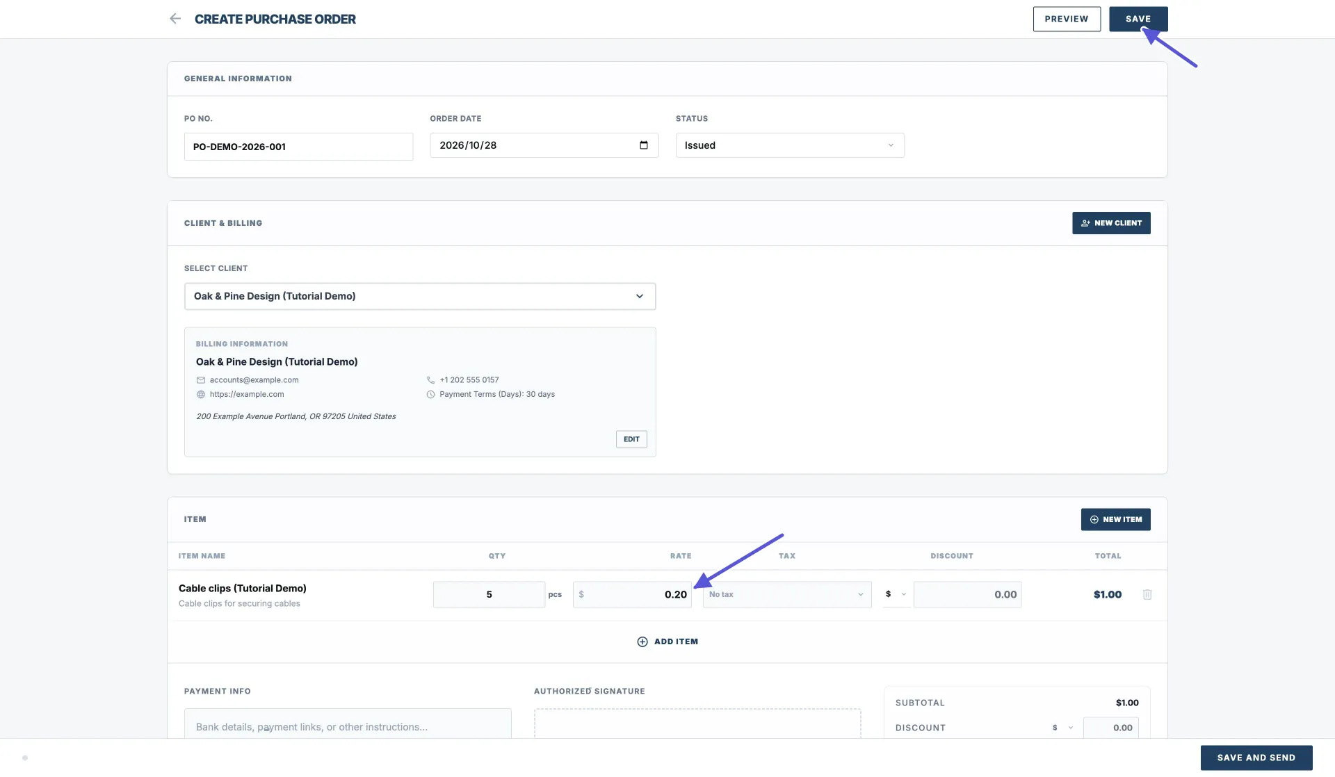 Paparan penuh pesanan belian Pocket Invoice Web, dengan pihak urus niaga dan baris 5 unit; anak panah menunjuk ke harga belian Rate 0.20 dan Save