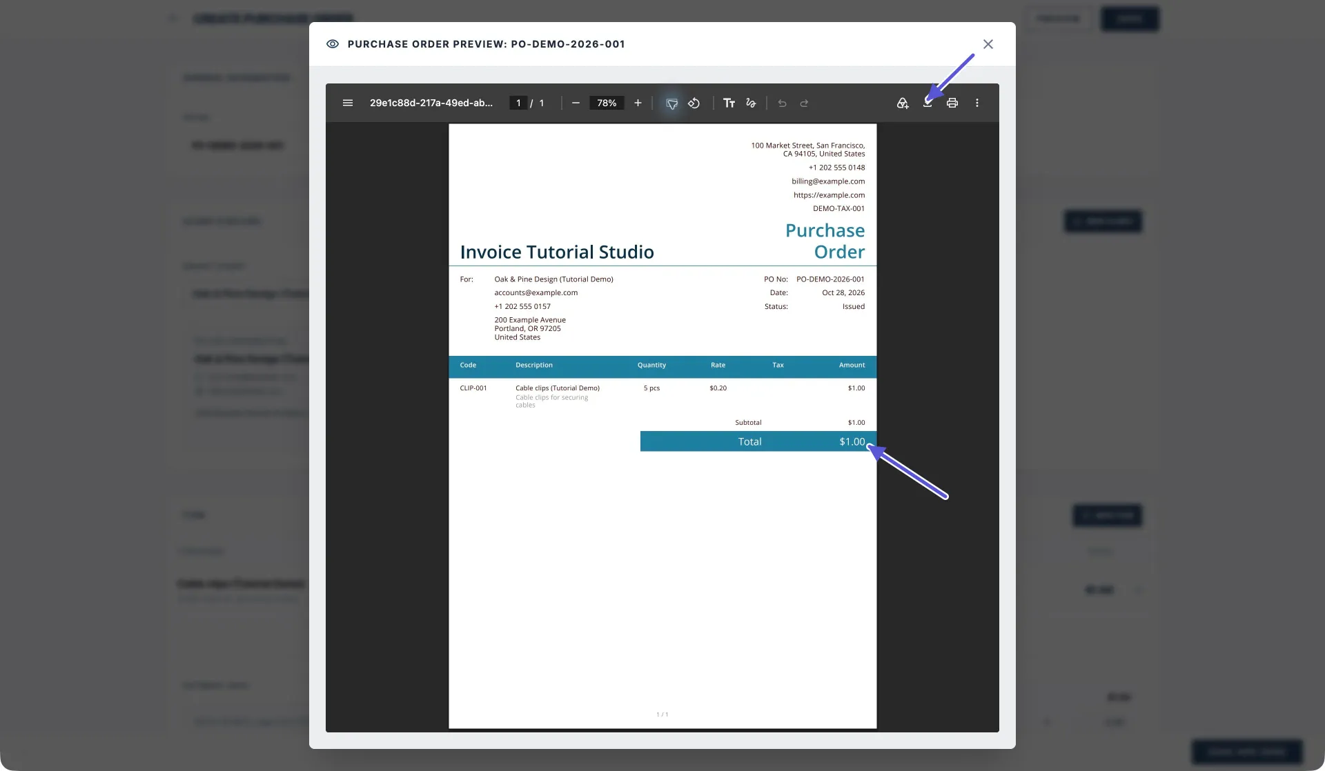 Paparan penuh PDF pesanan belian Pocket Invoice Web, dengan syarikat, pihak urus niaga, nombor, tarikh, kod item, 5 unit pada harga 0.20 dan jumlah 1.00; anak panah menunjuk ke muat turun dan jumlah keseluruhan