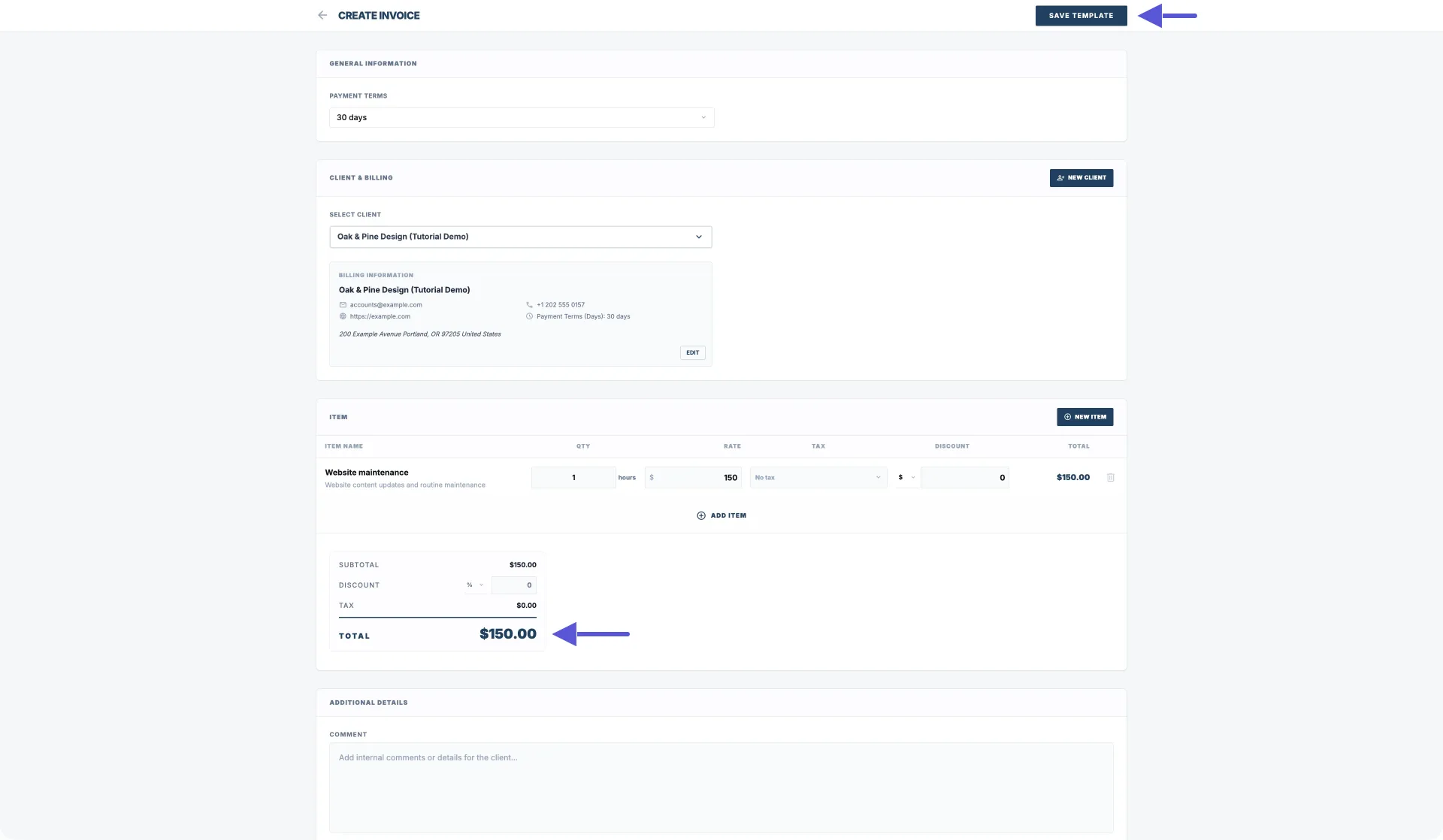 Vista completa del contenido de la factura de cada período en Pocket Invoice Web; se ven los datos de facturación del cliente, el plazo de pago de 30 días, el concepto Website maintenance, el total de 150 y las notas, con flechas que señalan el total y SAVE TEMPLATE