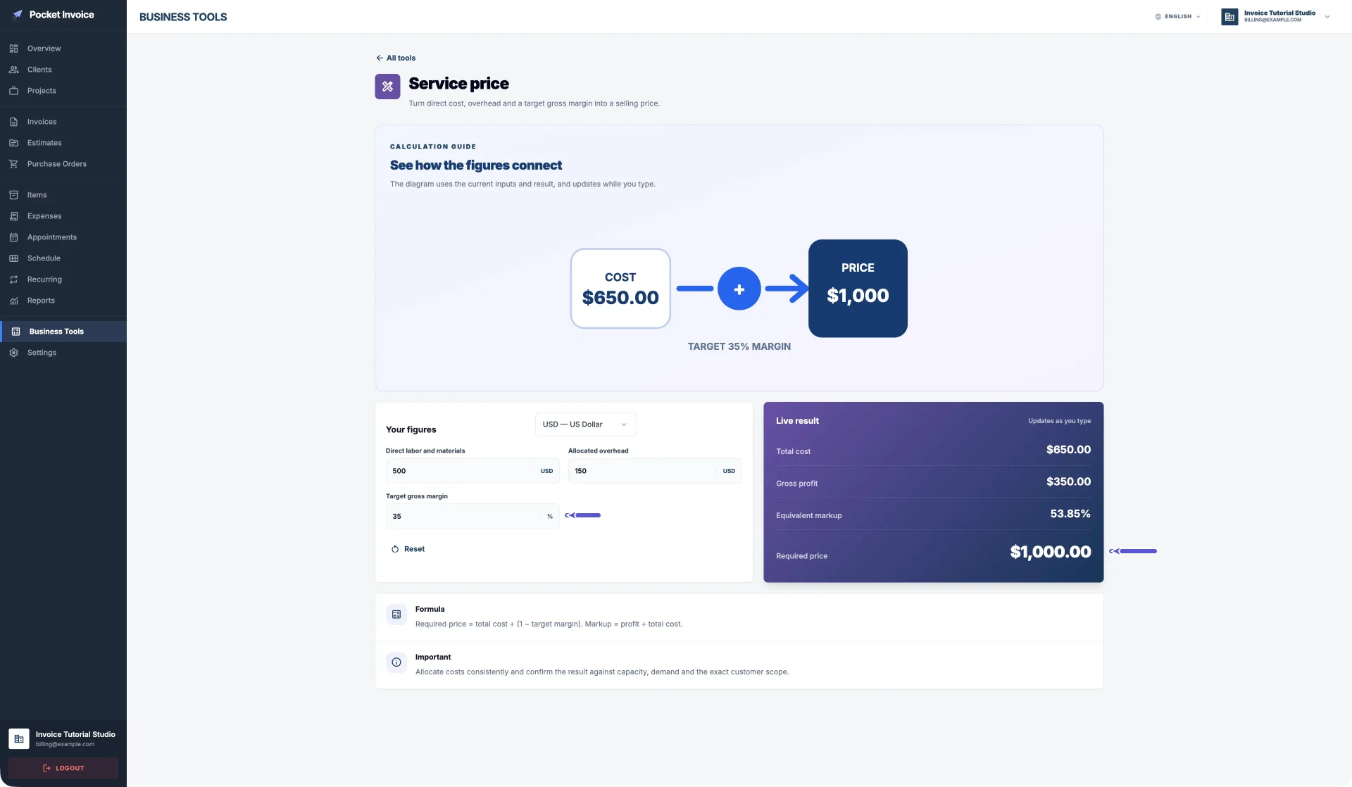 Buong Service price calculator sa Pocket Invoice Web, kasama ang pamagat, mga input, diagram, resulta at pormula; ang direktang gastos na 500 at nakalaang overhead na 150 ay may kabuuang 650, nakaturo ang mga arrow sa target na gross margin na 35% at Required price na 1000, at makikita ang gross profit na 350 at katumbas na markup na 53.85%