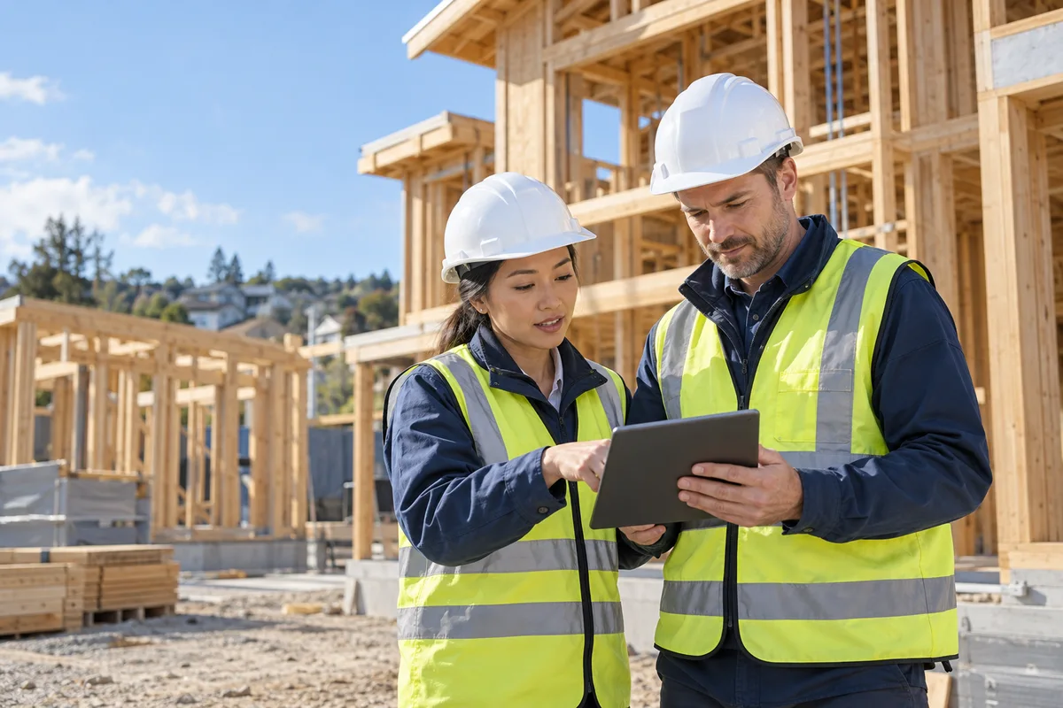 Two construction professionals reviewing a job on site