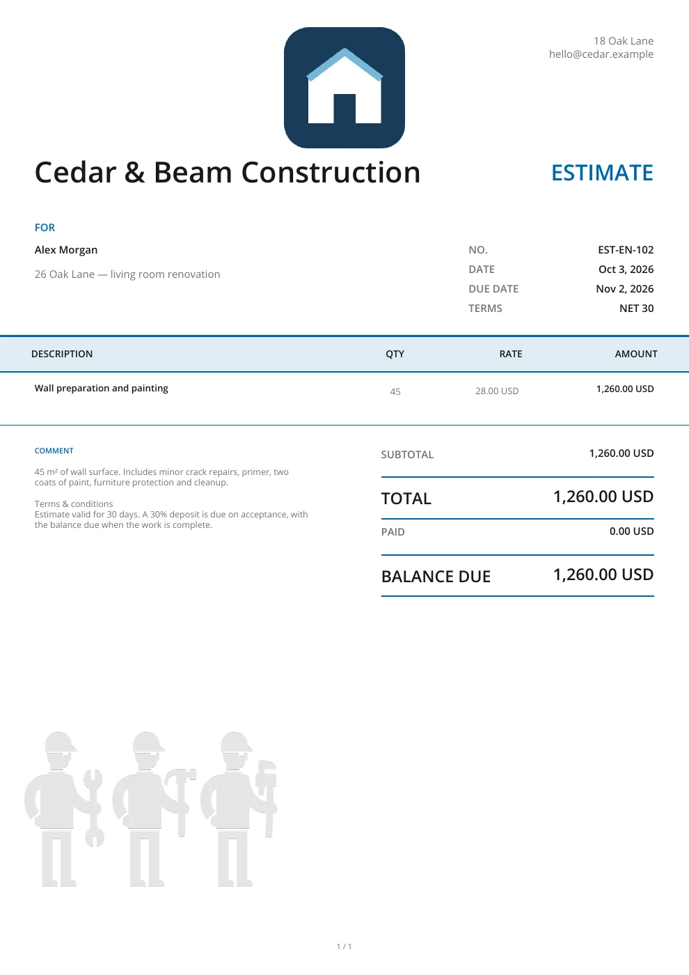 Construction estimate with wall repairs, painting, cleanup and an itemized total