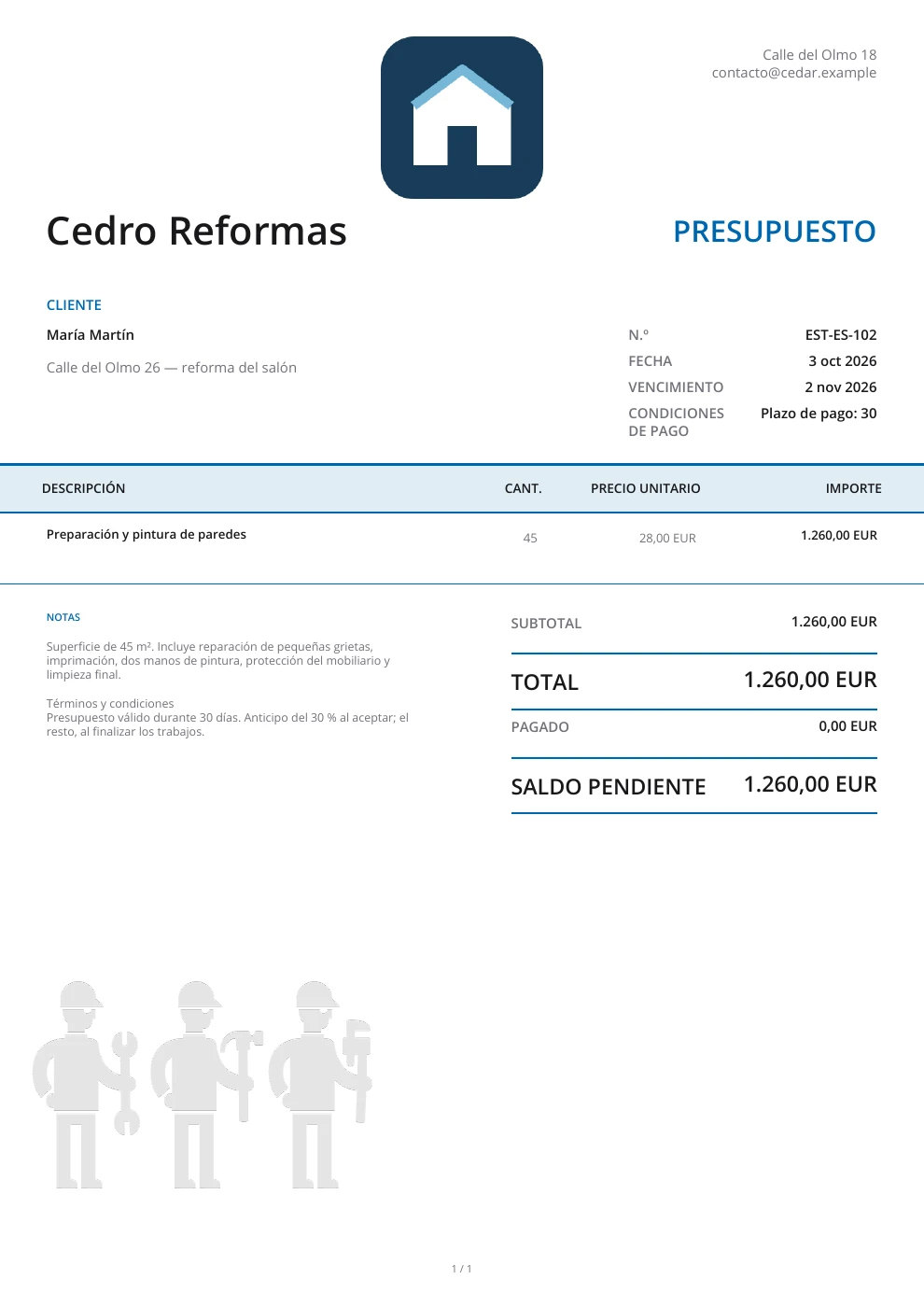 Estimación de obra con reparación de paredes, pintura, limpieza y coste desglosado