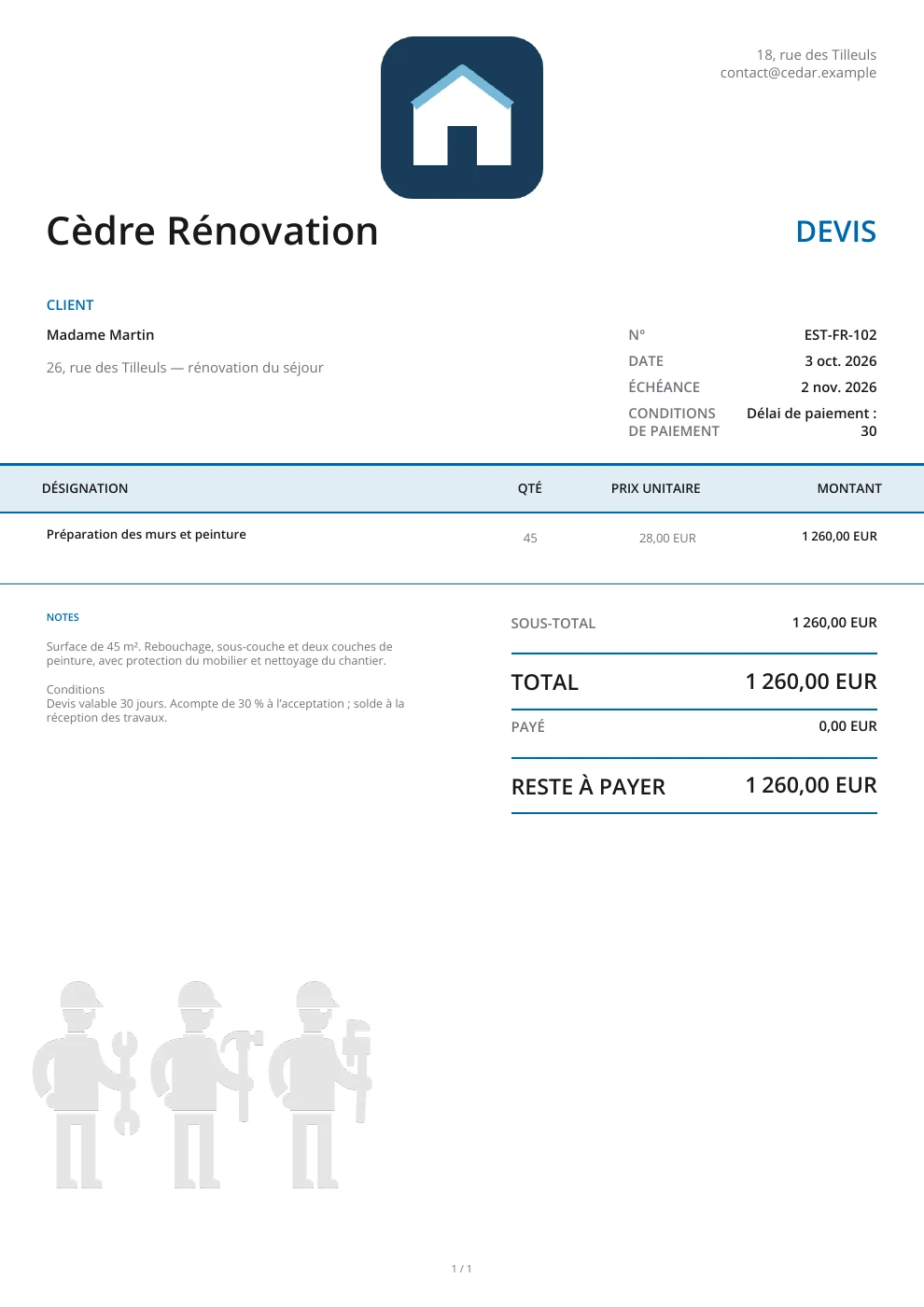 Estimation de chantier avec réparations, peinture, nettoyage et coûts détaillés