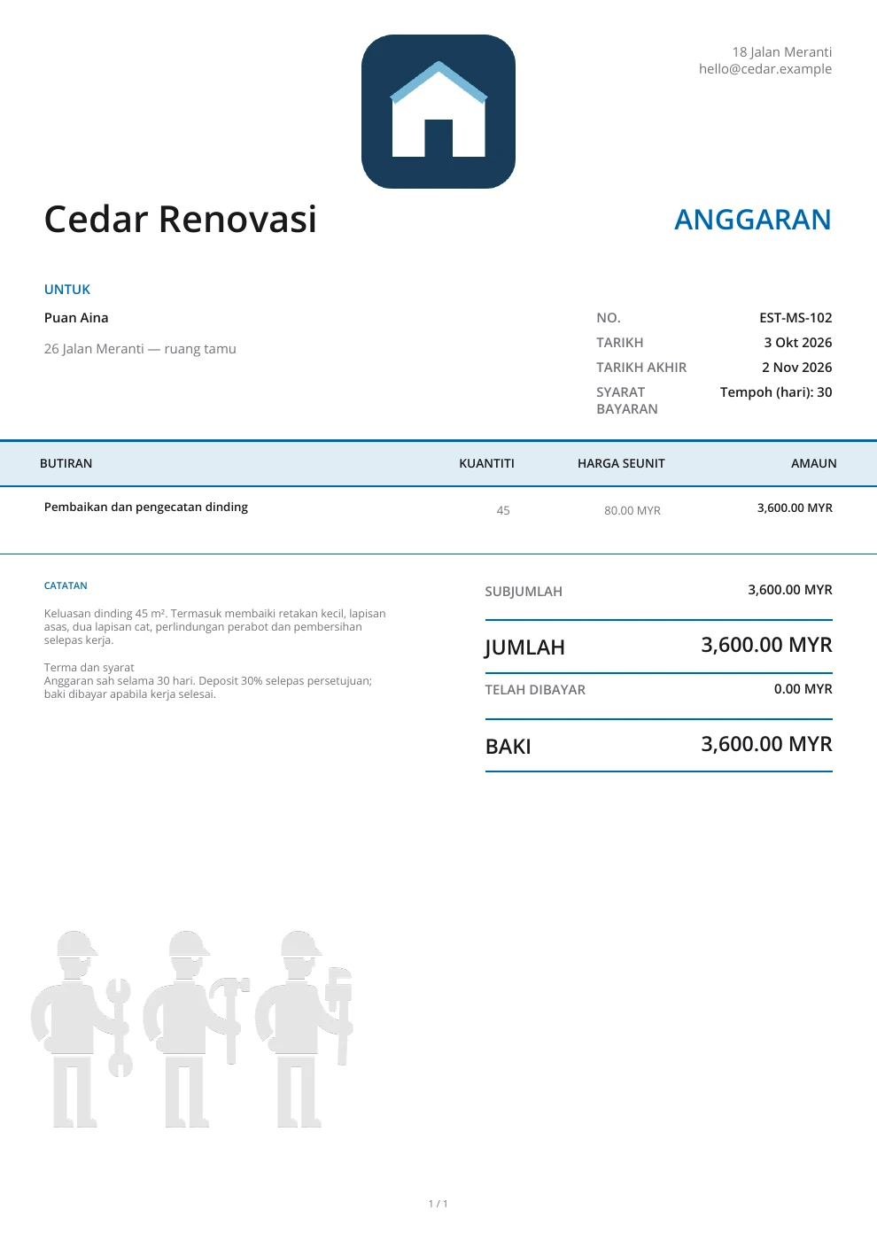 Anggaran kerja pembaikan dinding, mengecat dan pembersihan dengan pecahan kos