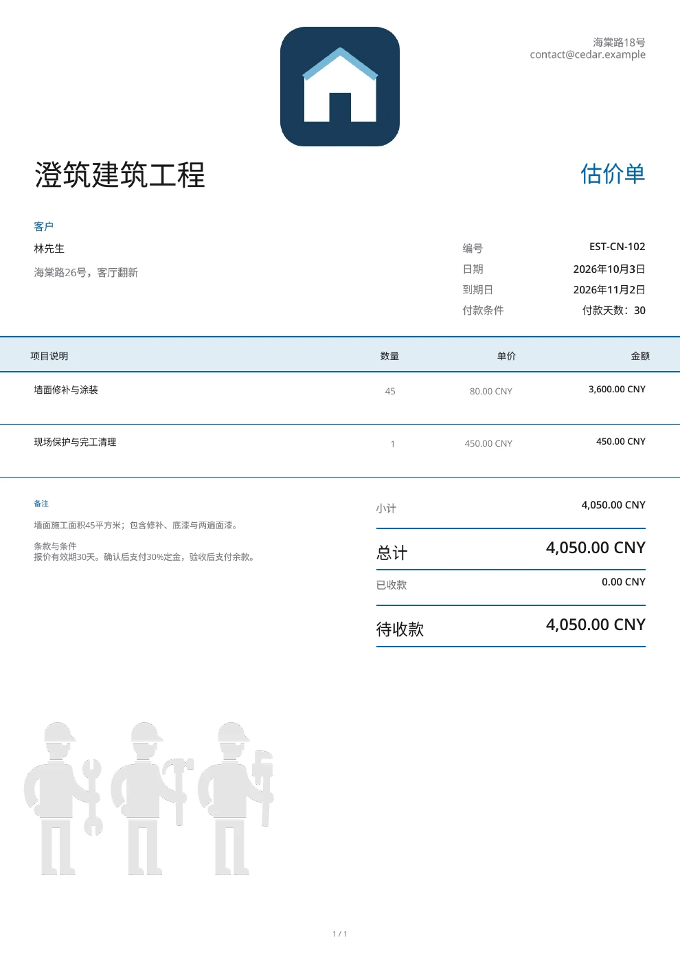 施工估价单的项目和预计费用