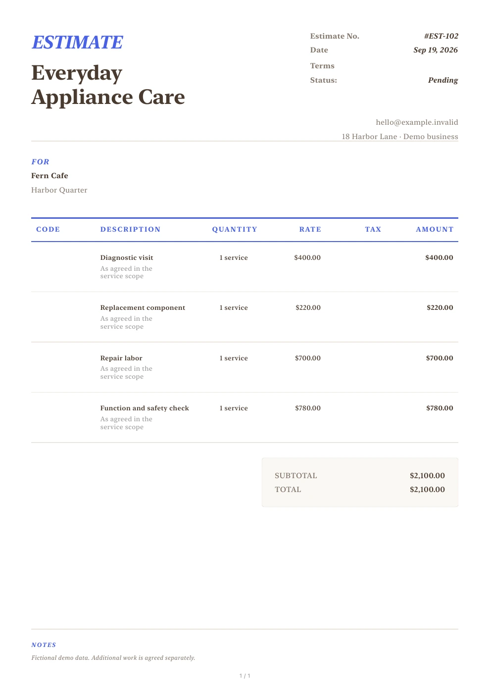 Itemized appliance repair estimate