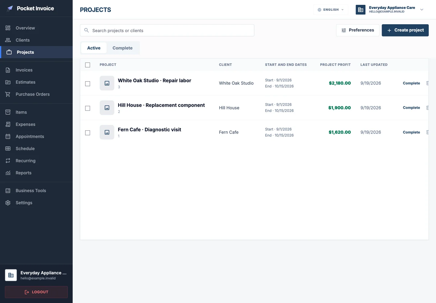 Pocket Invoice — Mga rekord ng proyekto