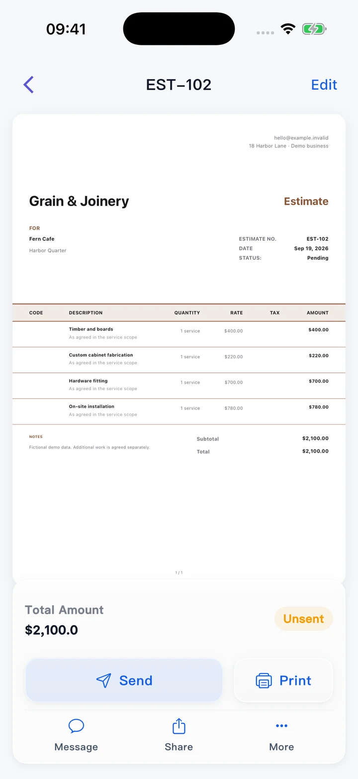 Pocket Invoice — Estimates and quotes