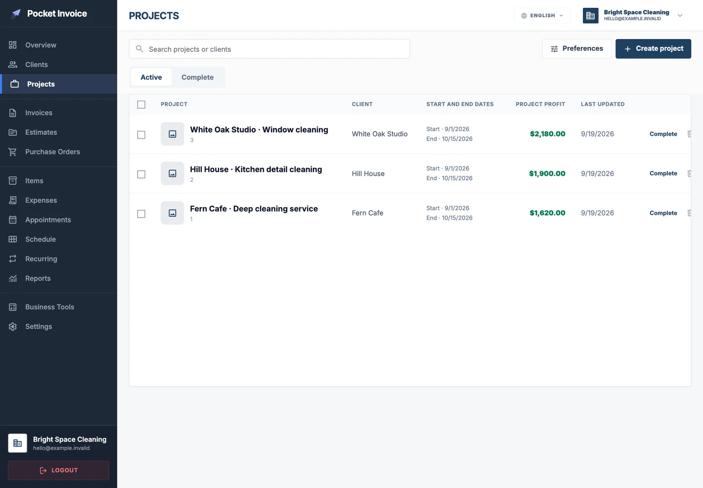 Pocket Invoice — Project records